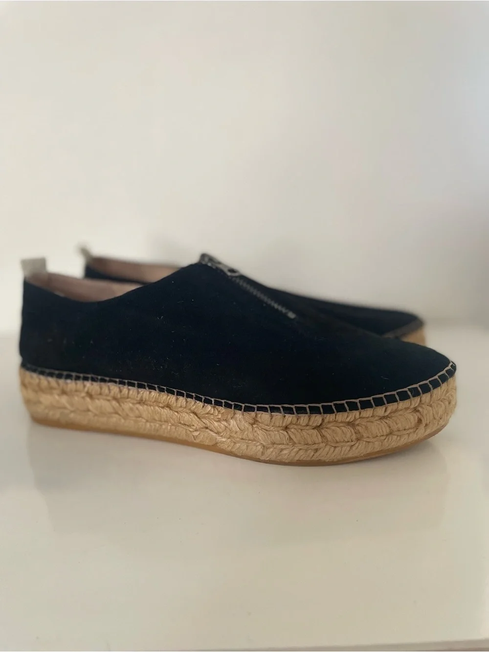 Eric Michael Black Suede Espadrille Platform Slip-On with Top Zip Size 38/7.5